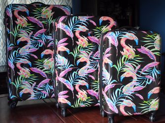 RARE 3 Pc Set Jessica Simpson Black Island Hop Flamingo Tropical Rolling Hardside Luggage Spinner Suitcase for Sale in Santee CA OfferUp