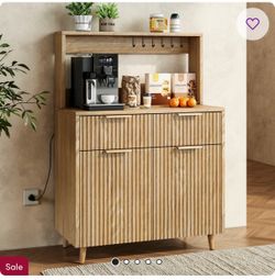 Wood Finish Striped Sideboard Buffet Cabinet With 2 Drawers & Adjustable Shelves