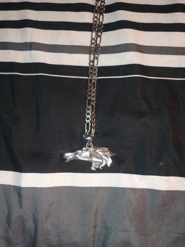 24in 925 Silver MEX Fiargo Link Necklace W/ 925 Silver Bronco Head