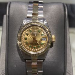 Rolex Ladies 26mm Emerald Champagne Full Set Buy Sale Trade 24k Silver Diamonds