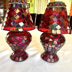 2 BEAUTIFUL VINTAGE RED MOSAIC GLASS TEA LIGHT CANDLES HOLDERS 