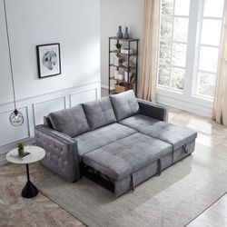 Velvet Sleeper Sofa Sectional Sofa Bed with Storage in Gray
