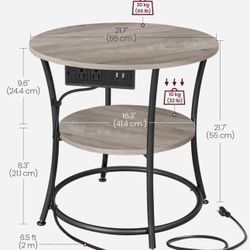 VASAGLE 2-Tier Round End Table with Power Outlets Nightstand with Steel Frame - Heather Greige / Ink Black