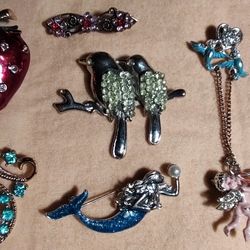 6 Vintage Brooches 