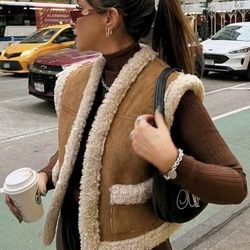 Women's Casual Woollen Cloth Vest Fleece Warmth Sleeveless Jacket Short Spring Autumn Tops