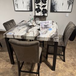 5PC Brown Faux Marble Dining Table Set