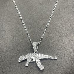 925 Sterling Silver Iced AK-47 Pendant with 20in Chain
