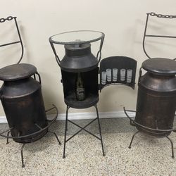 New Antique 3 Pc Milk Can Bar Set, 40.5”H Table 2 Swivel Barstools. Artisan Welded