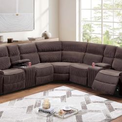 Brand New Plush Brown Corduroy Reclining Sectional Sofa 