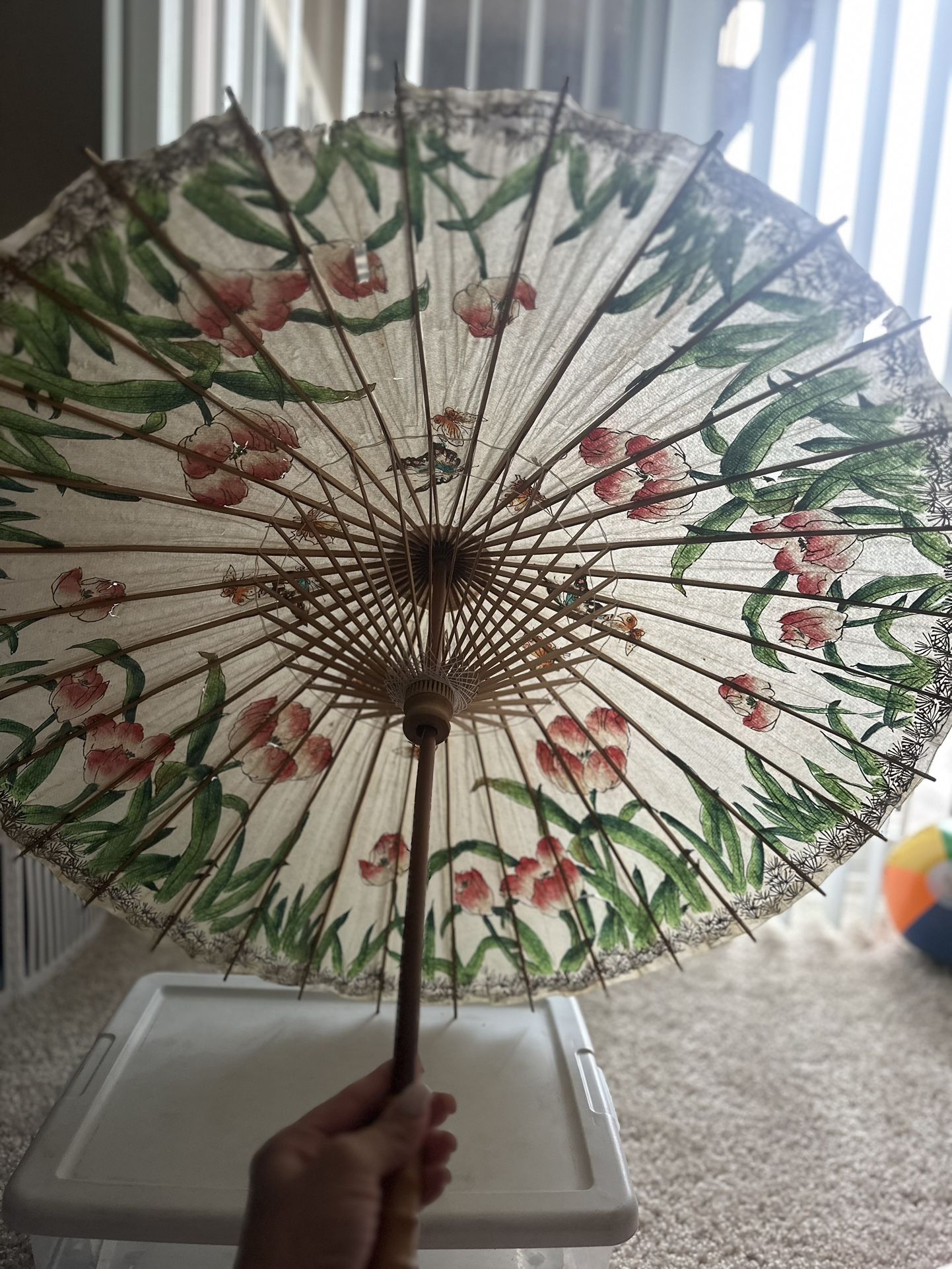 Vintage Asian Bamboo Rice Paper Parasol Umbrella ( flowers&butterflies)