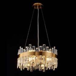 Round Crystal Chandeliers, D19.7 inch 12-Light Brass Gold Chandelier Lighting Fixture, Height Adjustable Pendant Ceiling Light for Living Room Dining 