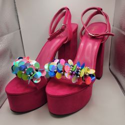 Pink Kiss Brand Pink Suede Open Toe Chunky Platform Heels 6" Size 11 Drag Queen