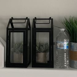 Home Decor Tabletop Lanterns - Wood Houses - Grass Burlap Pots 