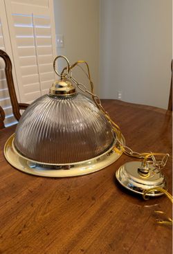 Vintage Brass & Ribbed Glass Dome Pendant Light Fixture