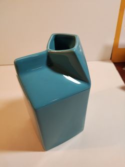 Food Network Vintage Blue Ceramic Stoneware Half and Half Creamer Milk Carton 6" Tall