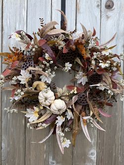 Fall Harvest Decorative Wreath with Dried Lotus and Maple Leaves