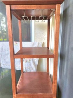 Tall Brown Wood Wine Tower with Drawer, Holders, & Wine Slots