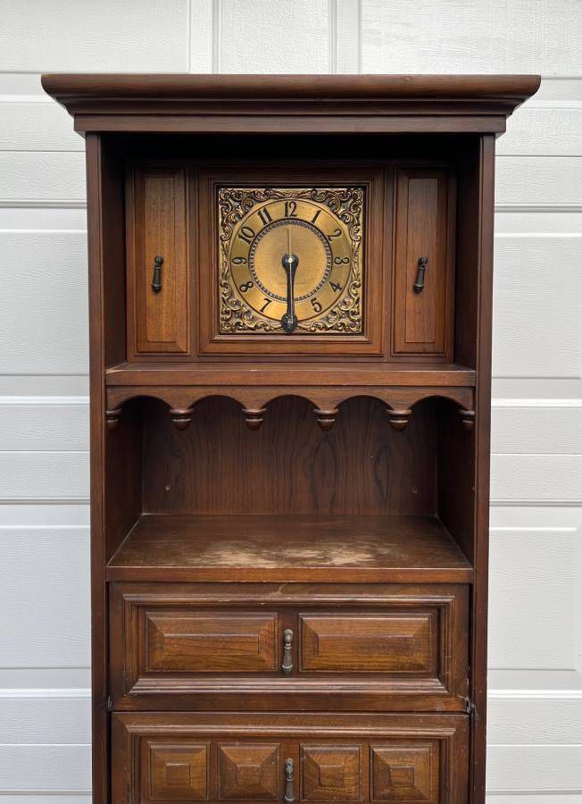 Antique Upright General Electric GE Clock No Radio Or Record Player Shelving Book Case Cabinet