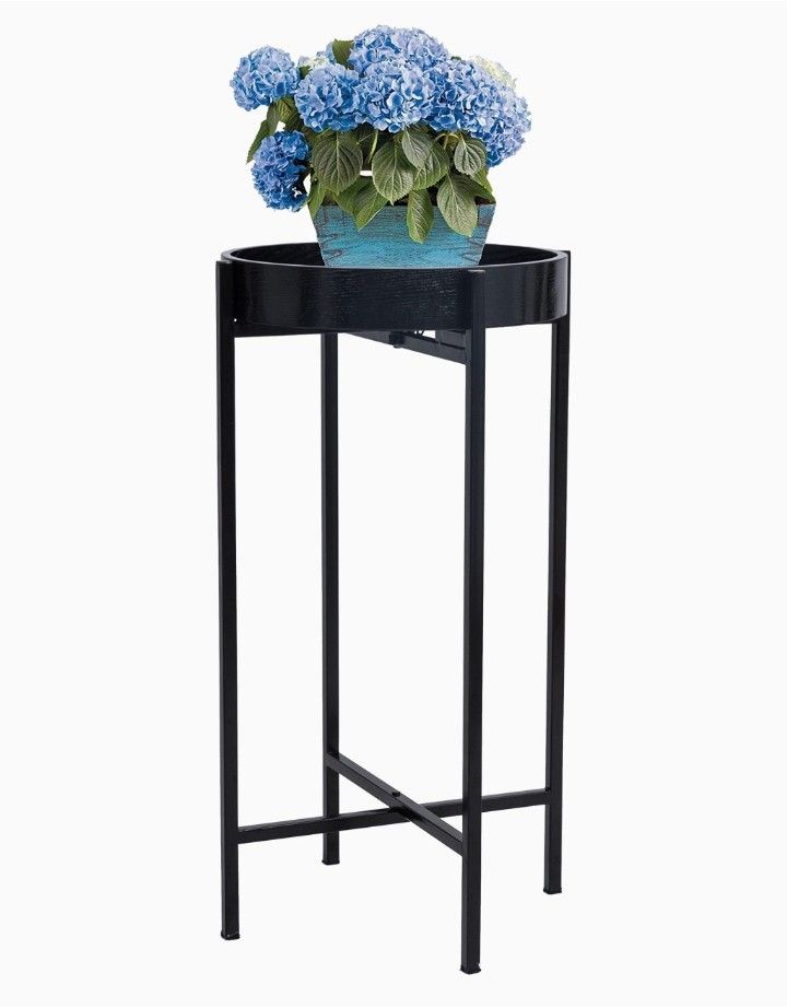 Foldable Plant Accent Table Stand, Round Side End Table with Wooden Tray Top for Small Spaces Kitchen Living Room Bedroom, Black