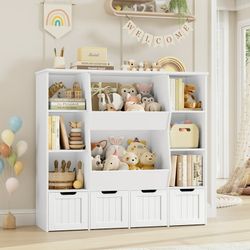 Kids Bookcase,Children's Book Shelf with 4 Drawers for Storage,Toddler Bookshelf for Nursery,Kids Rooms, White