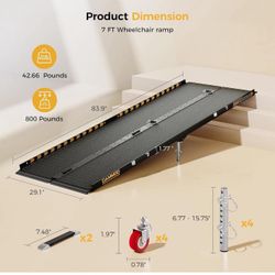 7 FT Portable Wheelchair Ramp-800LBS Heavy-Duty, High-Strength Aluminum Alloy with 4 Adjustable Legs, 4 Wheels, Triple Anti-Slip  X-18