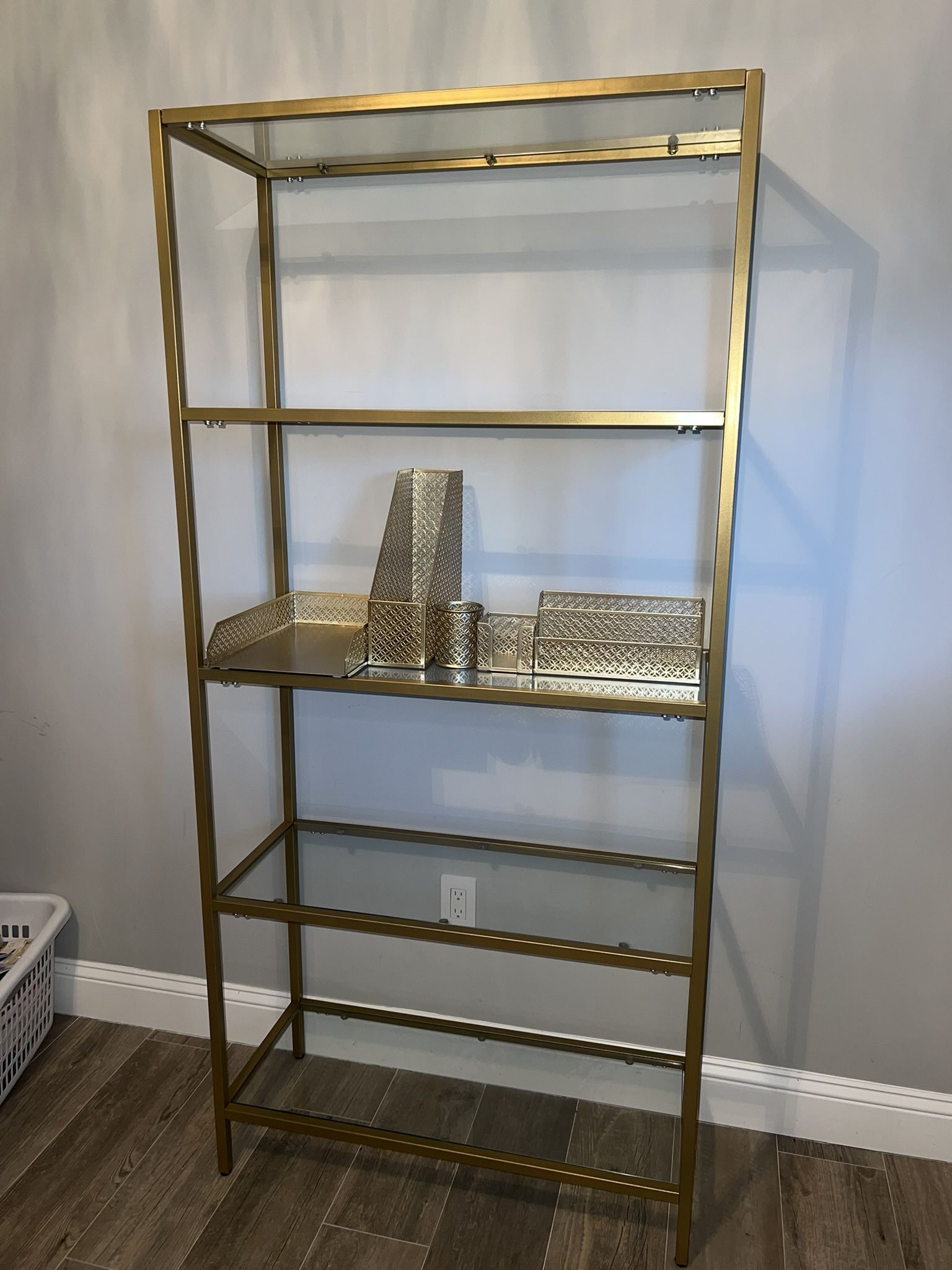 5 Tier Gold Book Shelf Glass Shelves And Desk Organizer Set