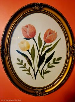 Framed Tulip Floral Embroidery Fabric Wall Art, Medium, Oval Frame 18.5"×15"