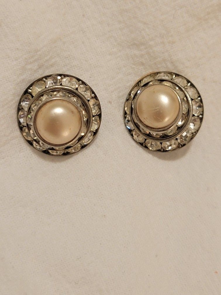 vintage Silver Tone Pearl White Stone Clip On Earrings