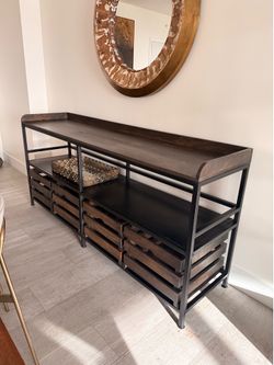 Industrial Wood & Metal Credenza with Storage Crates – Like New