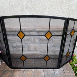 Vintage Dagan Wrought Iron Fireplace Screen with Doors with Glass Diamond Design
