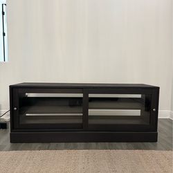 Brown / Black TV Stand Media Console w/ Sliding Glass Doors
