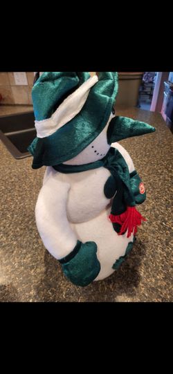 Plush snowman with green hat approx 16", as is