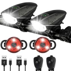2 Packs 1400LM USB rechargeable bike headlight & tail light set w/ horn 3 Lighting Modes