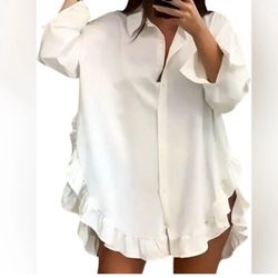 Women's Ruffled Hem Long Sleeve Blouse Casual Loose Fit Elegant Shirt Top