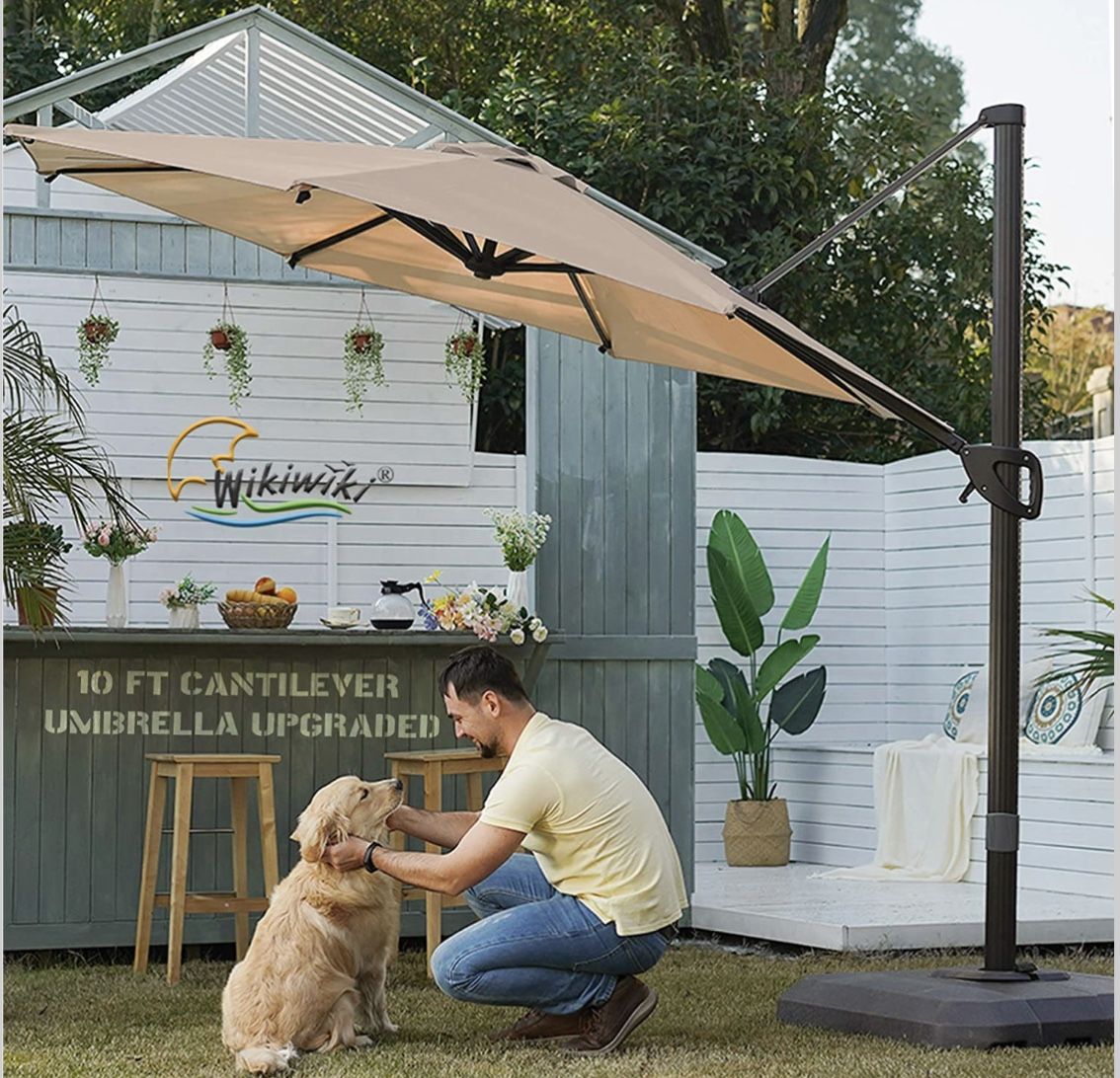 New 10FT Tan Offset Patio Umbrella with cross base Cantilever Not included weights