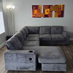 Sofa, 112 inch U Shaped Sofa with USB Ports, Sectional Couch with Storage Chaise,