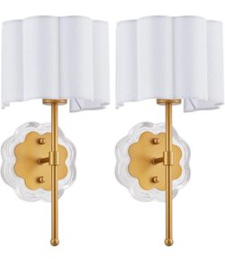 MhyTogn Modern Wall Sconce Set of 2, with Creamy-White Fabric Flower and Antique Brass Brush Paint Finish Shade for Vanity Stairway Fireplace Kitchen 