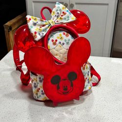 Disney Loungefly Popcorn Backpack And Headband Set Minnie Mickey Ears AOP