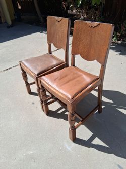 Set of 2 Vintage Solid Oak Dining Chairs - Jacobean / Spanish Revival Style