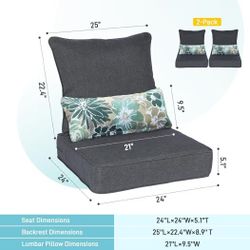 Aoodor 24'' x 24'' Outdoor Deep Seat Chair Cushion Set, Olefin Fabric Slipcovers with Sponge Foam, Charcoal(Set of 2 Seats, 2 Backs, 2 Lumbar Pillows