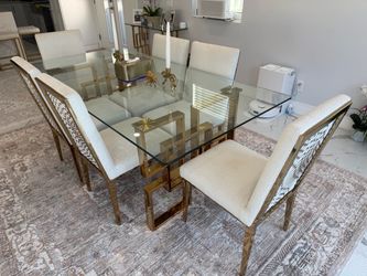 Modern glass gold 6 chairs dining table, coffee table, console, side table