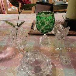 crystal turtle $5 nice small vases $5 green crystal $5 