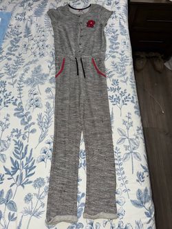 Gray Knit Jumpsuit with Floral Embroidery