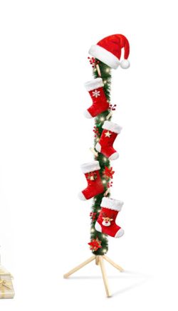 Christmas Wooden Stocking Holder Stand, Freestanding Stocking Rack Kit 69'' Xmas Hanger Stand Set Includes Garland Bows Santa Hat and Stockings for Ho