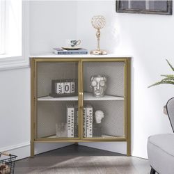  3 tier Corner Storage Cabinet with Mesh Doors and Wooden Shelves, Free-Standing Organizer for Compact Space 