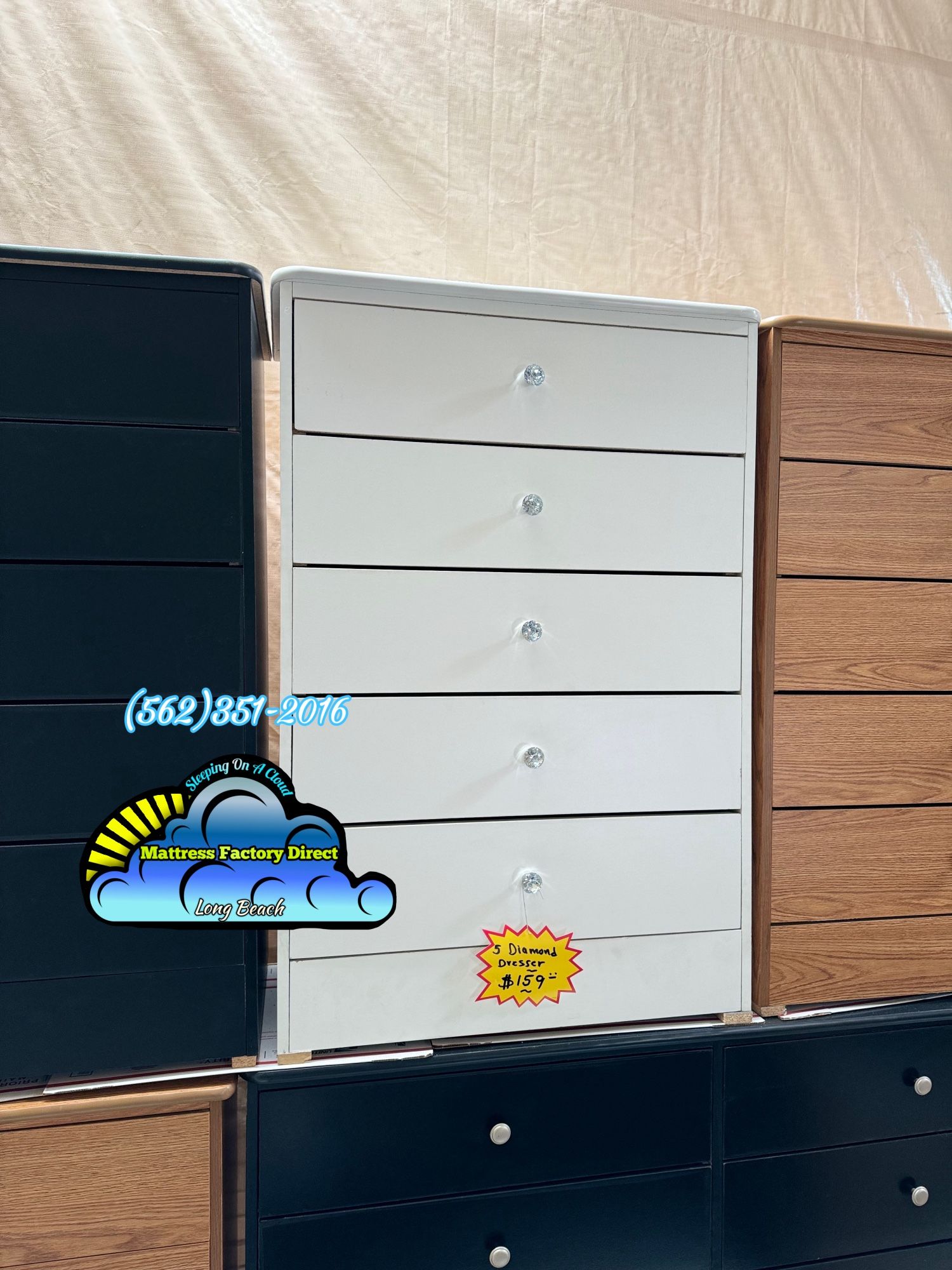 Five Drawer White With Diamond Knobs Chest