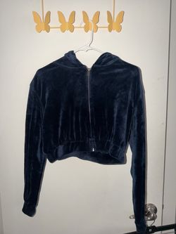 h&m navy blue velvet zip up hoodie - size L
