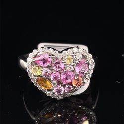 18KT White Gold Diamond Colored Heart Ring 4.40g .25CTW Size 7