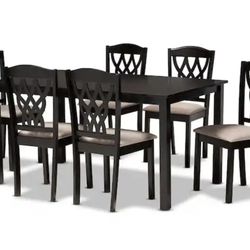 7-Piece Dining Set - Black Table and Beige Chairs