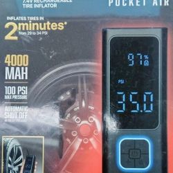 Bullseye Pocket Air Tire Inflator, a portable air compressor and power bank. 